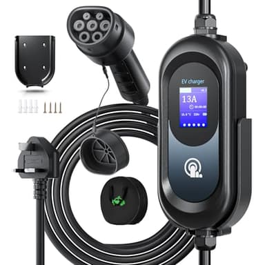 EV Charger Cable Type 2 to 3 Pin Plug 6M, 3.3kW [6/8/10/13A] 3 Pin EV Charger Electric Car Charger, Portable Car Type 2 Charging Cable 3 Pin with 2.4″ LED Screen Timing Delay IP67/IP54 for EVs & PHEVs