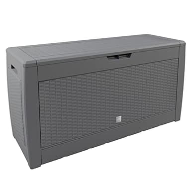 CASARIA® 310L Plastic Garden Storage Box | Rolling Wheels | Outdoor Cushion Patio Deck Box |Side Carry Handles | Lockable | Weather Resistant | 119x48x60cm | Rattan Effect | Grey