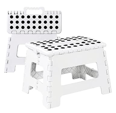 ACUNA Folding Step Stool 9 Inch, Foot Stool With Carry Handle, Non Slip Folding Stool 300lbs Capacity, Compact Foldable Step Stool for Adults & Kids Anti Skid Footstool (White)