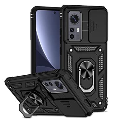 XINYEXIN Case for Xiaomi 12T / Xiaomi 12T Pro Case (6.67") with Sliding Camera Cover Shockproof Heavy Duty Protective Armor Case with Ring Holder Magnetic Kickstand Phone Cover - Black