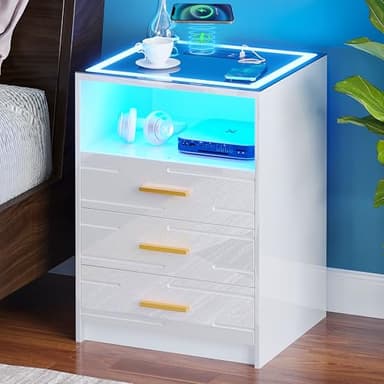 yoofun White Bedside Table with Wireless Charging Station, LED Nightstand Glass Top, High Gloss Smart Sofa Side End Table with 3 Drawers for Living Room Bedroom