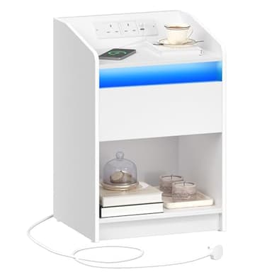 Hzuaneri Bedside Table with LED Light, Bedside Cabinet with Charging Station, 1 Storage Drawer Nightstand for Bedroom, Living Room, 2 USB Port, 2 Outlets, Open Compartment, White NS04703X1UK