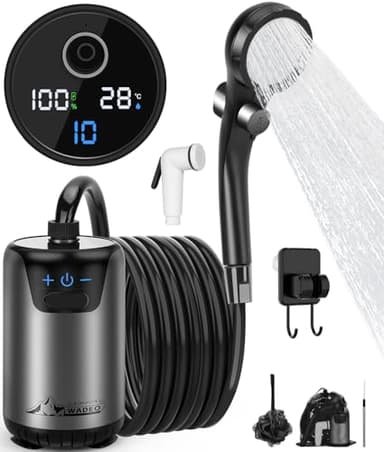 WADEO Upgraded Portable Shower with Dual Digital Display, 6000mAh Camping Shower with 10 Gear & Wider Bottom Suction, Outdoor Shower with 3H Long-lasting Rechargeable Battery & 3-in-1 Hook, Silver