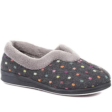 Pavers Ladies Wide Fit Polka Dot Slippers in Dark Grey with Memory Foam and Anti-Odour Treatment Women Fluffy Inner Lining Shoes - Size UK 6/EU 39