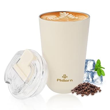Philorn Coffee Cup, 380ml Insulated Travel Mug with Leakproof Lid & Double Wall, Reusable Vacuum Stainless Steel Coffee Mug for Hot and Cold Drinks, White