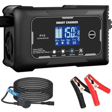 Car Battery Charger, HTRC 15A 12V/24V Battery Charger for Leisure(AGM/Gel/SLA/EFB) and LiFePO4, Automatic Intelligent 9-Stages Trickle Charger Maintainer with LCD Screen for Car, Motorcycle and More