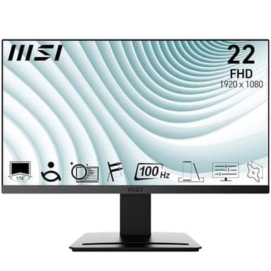 MSI PRO MP223 22.3 Inch Monitor, Full HD (1920 x 1080), 100Hz, VA, 4ms, FreeSync, HDMI, VGA, Anti-Glare, Anti-Flicker, Less Blue light, TÜV Certified, VESA, Kensington, Black