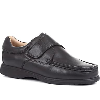 Pavers Men's Wide Fit Leather Shoes in Black with Adjustable Rip Tape - Lightweight Comfortable Sole - Classic Look Footwear - Size UK 10 / EU 44