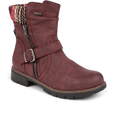Pavers Women's Casual Biker Boots in Burgundy with Faux Fur Trim - Ladies Stylish Shoes with Buckle Detail - Faux Leather Footwear - Size UK 6 / EU 39