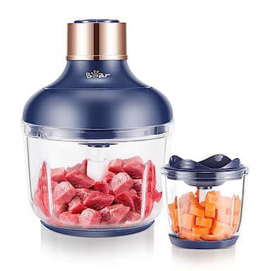 Bear 0.6L+2L Food Processor, 2 Bowls with 2 Speeds Control and 2 Sets Stainless Steel Blades, 300W Motor Glass Container Vegetable Chopper Electric