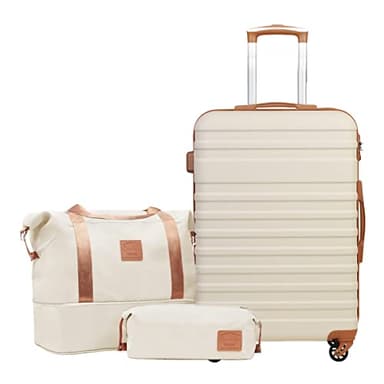 COOLIFE Suitcase Trolley Carry On Hand Cabin Luggage Hard Shell Travel Bag Lightweight with TSA Lock, Included 1pcs Travel Bag and 1pcs Toiletry Bag (White/Brown, 24 Inch Luggage Set)