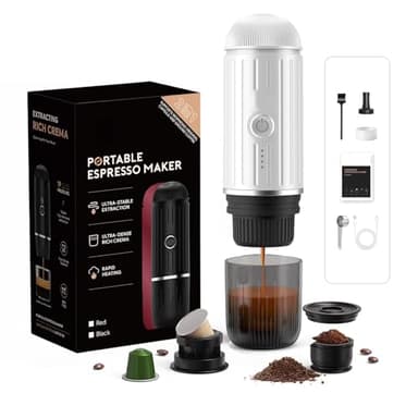 HAILASRE Electric Portable Espresso Machine,Travel Camping Coffee Maker, 12v Car Coffee Machine with Self-Heating, 19bar High Presseur Rich Crema, with Ground Coffee & NS Capsule （White）