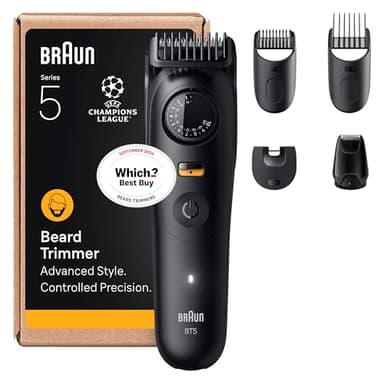 Braun Beard Trimmer Men Series 5, Mens Beard Trimmer with 5 Styling Tools, Ultra Sharp Blade, Waterproof, 40 Lengths & 120-Min Runtime, BT5525, Grey