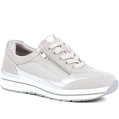 Pavers Women's Leather Trainers in Silver with Wide Fit and Easy Zip Access - Memory Foam Insole - Comfortable Ladies Shoes - Size UK 5 / EU 38