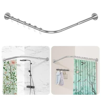 L Shaped Shower Curtain Rail, [60-133cm] x [60-133cm] Adjustable Corner Shower Curtain Pole, Wall Mounted Curved Shower Rail With 12 Rings & Ceiling Support For Bathroom, Need Drilling, Silver