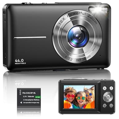 Digital Camera 1080P FHD Compact Digital Camera 44MP Portable Mini Small Photo Camera with 2.4" LCD Screen, 16X Digital Zoom and 1 Battery Vlogging Camera for Kids, Girls, Boys-Black