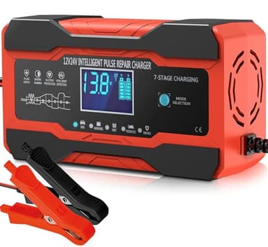 10Amp Car Battery Charger, 12V/24V Automatic Battery Charger with 7-Stage Charging and LCD Screen, Intelligent Charges, Repair, Maintains for AGM, WET & GEL Lead Acid Batteries