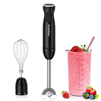 Bonsenkitchen Hand Blender, 3-in-1 Immersion Blender handheld, Stick Blender Electric with Stainless Steel Blade, Egg Whisk, 700ml Beaker for Making Baby Food, Soups, HB3202 (Black)