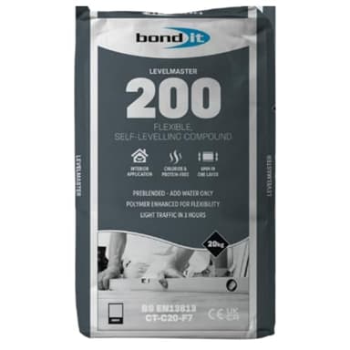Bond It LEVELMASTER 200 Flexible Self-Levelling Floor Compound – Grey, 20kg | Cementitious Polymer-Modified Underlay for Interior Sub-Floors | Ideal for Vinyl – Wood – Carpet & Ceramic Tiles