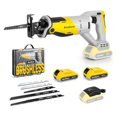 Enventor 20V Brushless Cordless Reciprocating Saw, 2x2.0Ah Battery, 0-3000RPM Variable Speed Electric Saw, 5 Blades, 22mm Stroke Length, Ideal for Wood and Metal Cutting