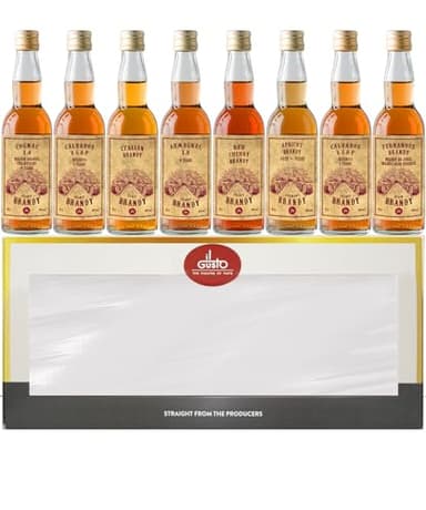 Il Gusto - Miniature Brandy Tasting Gift Set - Pack of 8, 40ml Each - Cognac X.O, Cognac V.S.O.P, Italian, Armagnac X.O, Red Cherry, Forest Raspberry, Calvados V.S.O.P, Fernandez - 40% Alc.