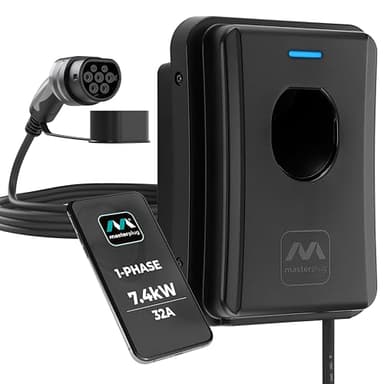 Masterplug Smart EV Home Wall Charger for Type 2 Electric and Plug-In Hybrid Vehicles, Tethered with 5m Cable, Mode 3, App Control, Solar Charging, Single Phase, Black, IP55, 7.4kW, 32A, EVCM3ST7B-MP