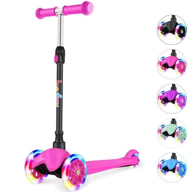 BELEEV Scooter for Kids Age 2-6, 3 Wheel Scooter for Toddlers Girls Boys, Kick Scooter with 4 Adjustable Height, Lean to Steer, Light up Wheels, Extra-Wide Deck, Push Scooter for Children(Pink)