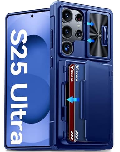 Vizvera for Samsung Galaxy S25 Ultra Case Wallet, with RFID Card Holder, Slide Camera Cover, Kickstand, Silicone Edge Military Drop Protection Rugged Shockproof Case for S25 Ultra 6.9" 2025, Blue