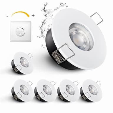 Sweier 6 Pack GU10 Dimmable LED Downlights IP65 Waterproof-5W 450LM Cool White 6000K Recessed Ceiling Spotlights,70mm Cutout,Die-Cast Aluminium,SCR Dimmer Compatible for Bathroom Kitchen Living Room