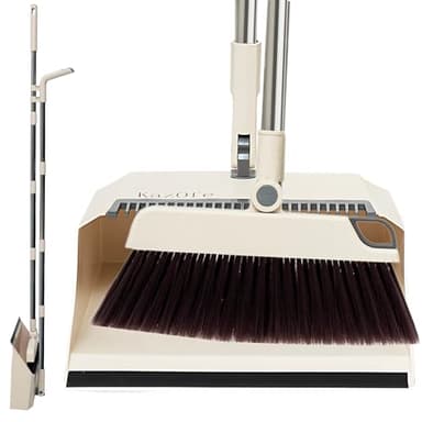 KazOfe Long Handled Dustpan and Brush Set, Broom and Dustpan with Comb Teeth, 180 Degree Rotating Sweeping Brush, Ideal for Indoor Outdoor Home Kitchen Office & Pet Hair Cleanup (White)