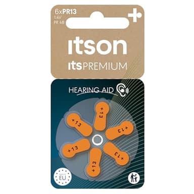 ITSON, zinc air battery for over-ear and in-ear hearing aid devices, pack of 6, plastic free packaging, PR13(48) IT/6RM