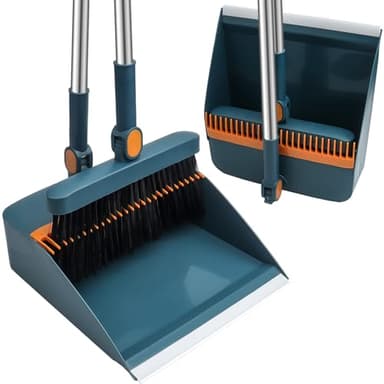 HPCORA Long Dustpan and Brush Set, Windproof Vertical Extension Pole Handle Rotatable Broom Set Dustpan Set (Blue)
