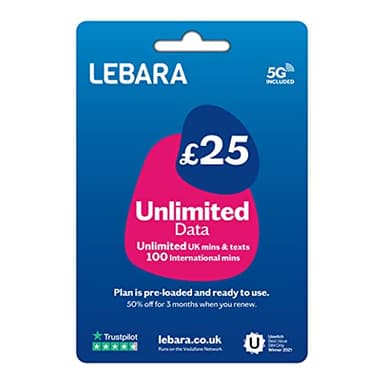 Lebara UK Unlimited Data Pay As You Go SIM Card, Unlimited UK Minutes & Texts, 100 International minutes for £25