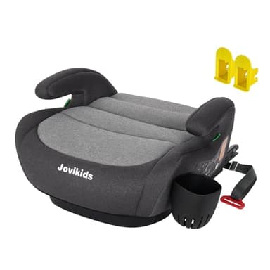 Jovikids I-Size Booster Seat with ISOFIX, Suitable for Child Height 125-150cm, Portable Car Seats with Cup Holder for Kids, Comfortable & Compact for Everyday Use, Great for Travel, ECE R129 (Grey)