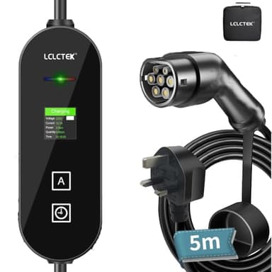 LCLCTEK EV Charger Cable Type 2 to 3 Pin Plug, 5-Meter 3 Pin EV Charger, Electric Car Charger 8/10/13/16A, 3.6KW EV Car Charger with LED Display, IP67 Waterproof, Type 2 EVs and PHEVs (UK)