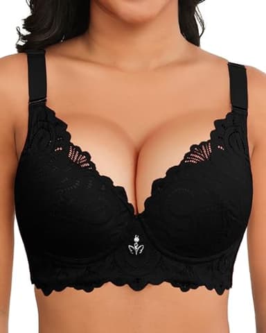 Svmer Push Up Lace Bra for Women Underwire Plus Size Comfortable Brassiere Black 44DD