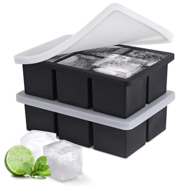 Ice Cube Tray, Large Ice Cube Moulds for Easy Release, Large Silicone Ice Cube Tray with Lid for Freeze, Stackable Square Ice Tray for Cocktails Whiskey Juice Coffee 【6 Square 2 Pack】