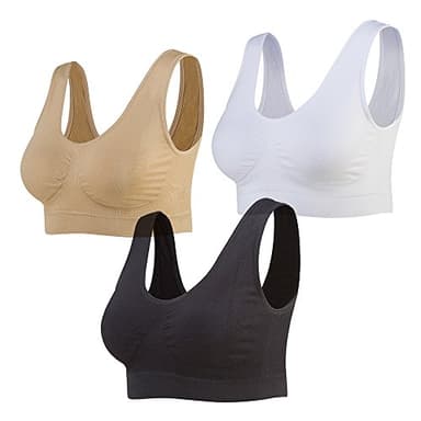Lemef 3-Pack Seamless Sports Bra Wirefree Yoga Bra with Removable Pads for Women, Black&white&nude, XXL