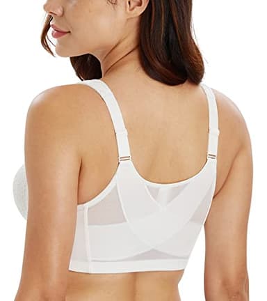 Lemorosy Women's Wirefree Jacquard Back Support Bra Full Figure Front Closure Posture Underwear(White,44DD)