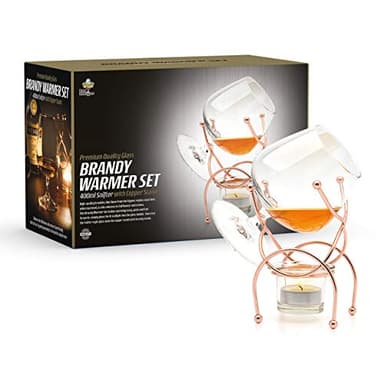 Bar Amigos Brandy & Cognac Snifter Warmer Glass and Stand Gift Set with Tea Light Candle & Copper Holder - Premium Drinking Set (Copper)