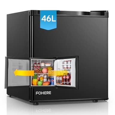 FOHERE Table Top Mini Fridge with Freezer 46L, Reversible Door, 7 Adjustable Temperature Levels, E rated, 42 dB Low Noise, Adjustable Feet, Energy Efficient, Black