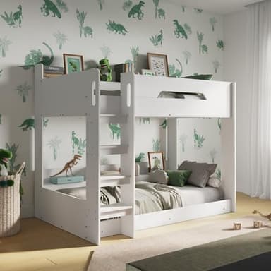 Flair Furnishings - Low Bunk Beds for Kids, Heavy Duty and Sturdy with Shelves, Cosy, Stylish, Space Saving Design (White)