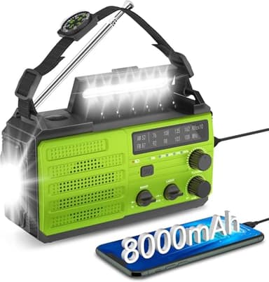 Greadio Emergency Wind up Radio,8000mAh Hand Crank Radio,Portable Solar AM/FM Radio with Super Flashlight & Reading Light,SOS Alarm,Earphone Jack,Compass,Type-C Charging for Outdoor,Camping (Green)