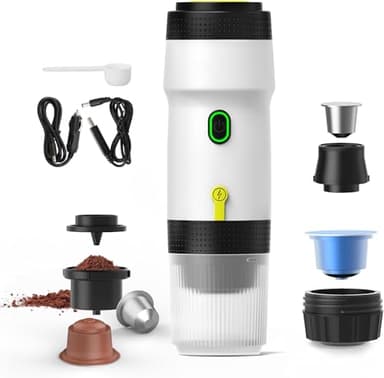 aichilra Portable Espresso Machine, 15 Bars Extraction Travel Coffee Maker with USB Cigarette Lighter, Car Coffee Maker Compatible with NES Capsule & DG Capsule & Ground Coffee for Camping, Office