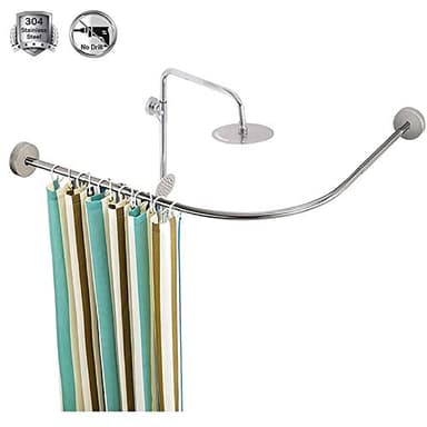 HNCS L Shaped Curved Shower Curtain Rod No Drilling For Bathroom Bathtub Corner Adjustable Extendable Bath Curtain Rail Bar Pole With Waterproof Curtain,70 to 95 x 70 to 95cm