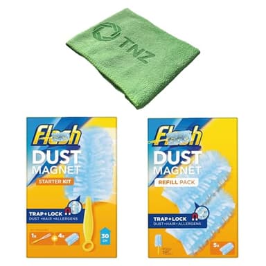 Flaash Dust Magnet Duster Starter Kit With Handduster Refills 5 Pack and microfibre cloth