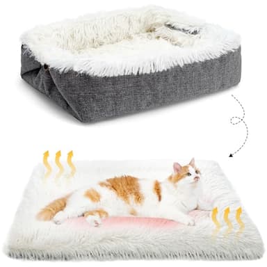 MAIYADUO Self-Warming Cat Bed, 60x45 cm, 2 in 1 Convertible Foldable Kitten Nest With Blankets Cushion Mat for Indoor Cats and Small Dogs