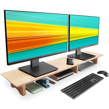 Aothia Large Dual Monitor Stand for Computer Screens Solid Wood Riser with Sustainable Cork Block Legs Supports Heavy Laptop Computer/TV/PC,Perfect Shelf Organizer for Office (Oak, Large)