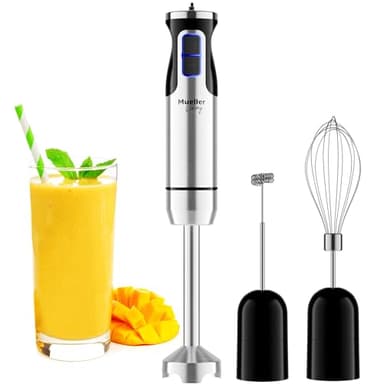 Mueller Austria Ultra-Stick 500 Watt 9-Speed Immersion Multi-Purpose Hand Blender Heavy Duty Copper Motor Brushed 304 Stainless Steel With Whisk, Milk Frother Attachments