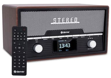 Denver Bluetooth DAB+ Radio CD Player With Clock Alarm & Remote – 2 x 50W Stereo Speakers, 20 Radio Presets, Twin Alarm, USB & AUX - MDA-525 Dark Wood